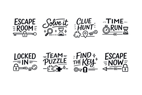Escape room challenge icons: puzzles, clues, and timed adventures