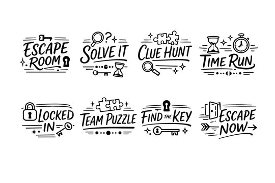 Escape room challenges and puzzle icons with keys and clocks