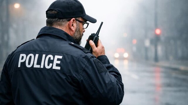 Police officer communicating on radio during patrol duty.
