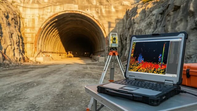 Tunnel construction with a total station and laptop displaying a 3d scan of the tunnel for surveying and engineering