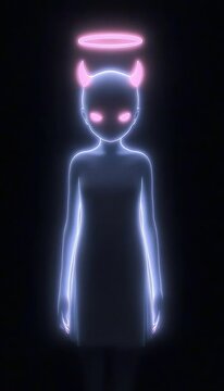 Una figura angelical iluminada con ne&oacute;n, con cuernos y un halo, en un fondo negro.