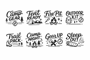 Fototapeta premium Camping adventure icons: camp gear, tent, fire pit, outdoor kit, trail pack