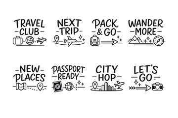 Fototapeta premium Travel icons: adventure themes with symbols and travel mottos