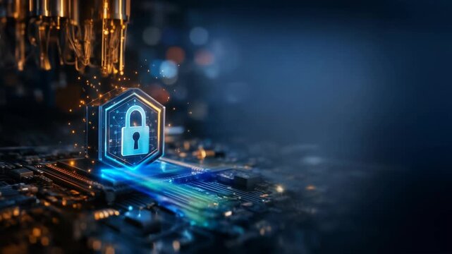 Quantum security lattice grid structures geometry glow around digital padlock lock symbol over circuit board microchip background technology concept