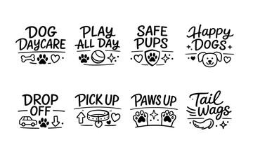Dog daycare and play illustrations with paws, pups, and happy dogs