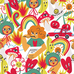 Fototapeta premium Colorful crazy doodle seamless pattern with funny characters objects symbols playful vector