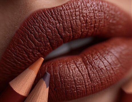 Primer plano de labios pintados de un intenso color burdeos, con l&aacute;pices de labios a punto de ser utilizados.