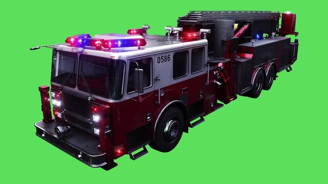 american fire engine driving fast. realistic dynamic reflections on the car body. realistic flashing lights. green screen isolate.
