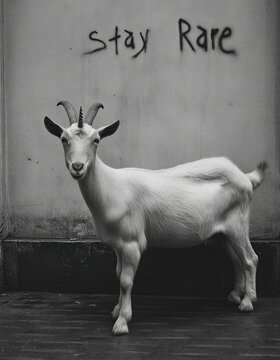 Una cabra blanca posa desafiante frente a un grafiti.
