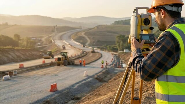 Male surveyor working with total station measuring equipment on a highway construction site at sunset for geodetic engineering.