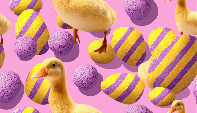 Dos patitos amarillos se pasean entre huevos de Pascua de colores vibrantes sobre un fondo rosa pastel.