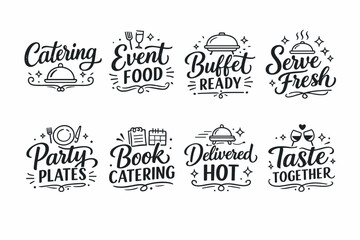 Obraz premium Catering icons: event food, buffet ready, serve fresh, party plates, book catering