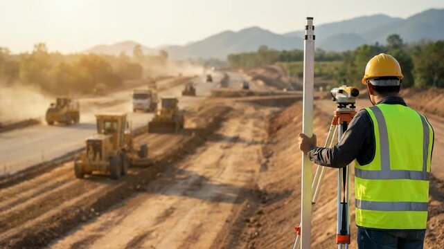 Surveyor using a total station instrument while road construction work continues with heavy machinery in a dusty setting.