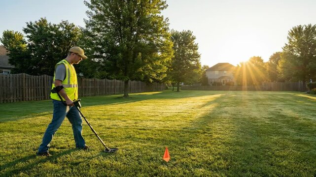 Man with metal detector sweeping a grassy lawn at sunrise, searching for buried objects in a suburban backyard.
