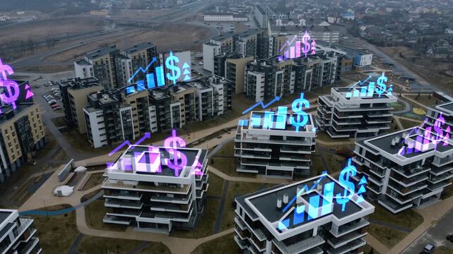 Growth charts for constructed residential buildings. The concept of housing market growth with rising real estate prices. Visualization of investment property trends. Aerial view. 