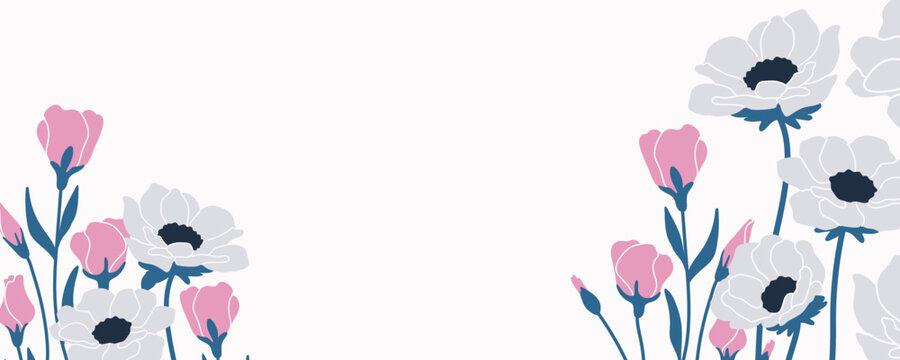 Floral Background with Copy Space and Anemone and Pink Roses Flowers