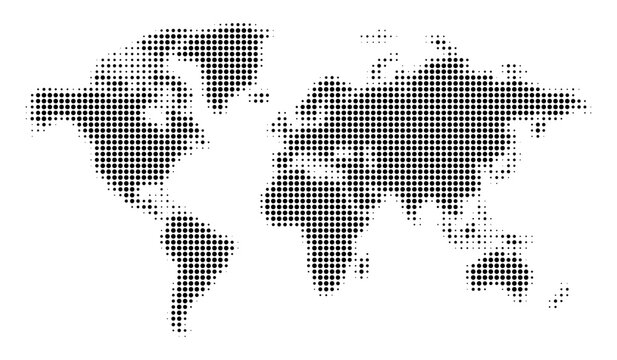 Stylized black halftone world map illustration on a clean white background, perfect for global business and technology designs.
