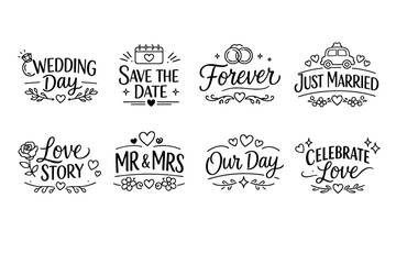 Elegant wedding and romantic celebration phrases with decorative icons