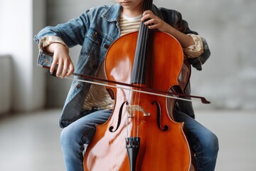 Fototapeta premium Young child in a denim jacket practicing the cello in a bright minimal studio sitting on a chair and holding a bow for a music lesson or classical performance