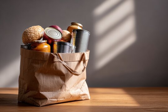 Brown paper grocery bag filled with various canned goods and non perishable food items standing on a wooden table for charity and donation concept