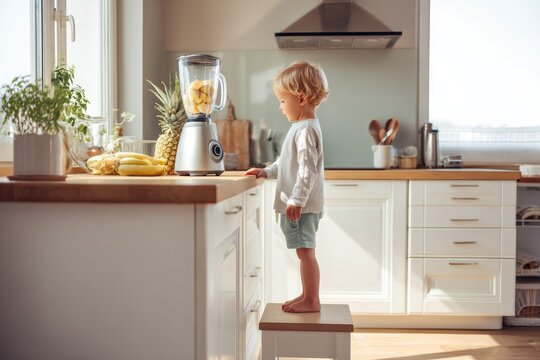 Curious toddler standing on a step stool in a sun-drenched modern kitchen looking at a blender filled with fresh fruit