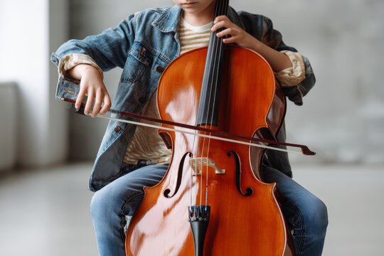 Young child in a denim jacket practicing the cello in a bright minimal studio sitting on a chair and holding a bow for a music lesson or classical performance