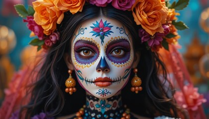 Traditional Mexican Catrina figure with colorful face paint and flowers, vibrant and symbolic of Dia de los Muertos