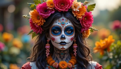 Traditional Mexican Catrina figure with colorful face paint and flowers, vibrant and symbolic of Dia de los Muertos