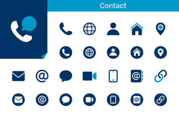 Contact icon collection for communication, business and customer support concept. Flat design. Pixel perfect.