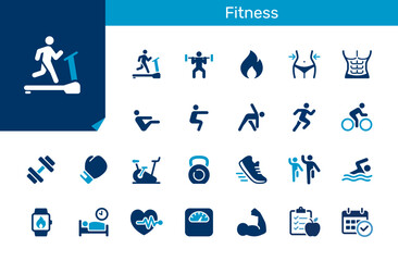 Fitness icon collection for workout, exercise and healthy lifestyle concept. Flat design. Pixel perfect.