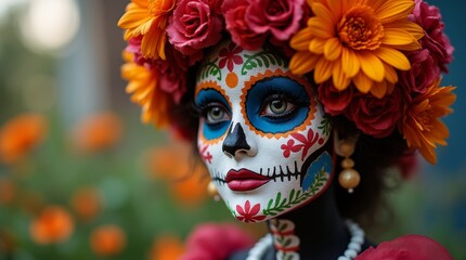 Traditional Mexican Catrina figure with colorful face paint and flowers, vibrant and symbolic of Dia de los Muertos