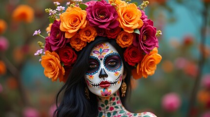 Traditional Mexican Catrina figure with colorful face paint and flowers, vibrant and symbolic of Dia de los Muertos