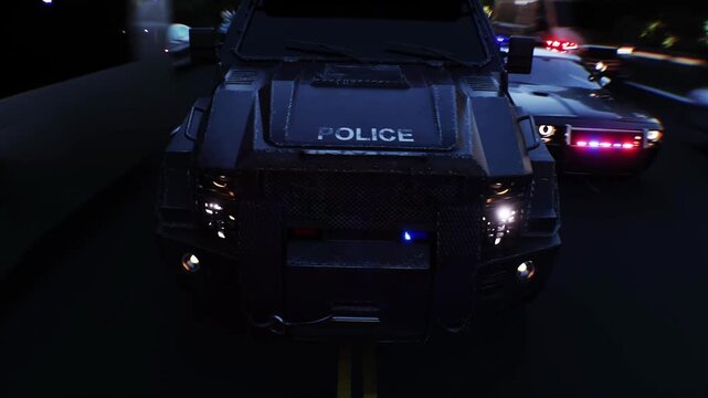 An swat police driving fast on a city street. Realistic 4k animation.