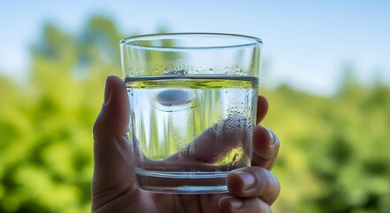 Refreshing glass of water in nature