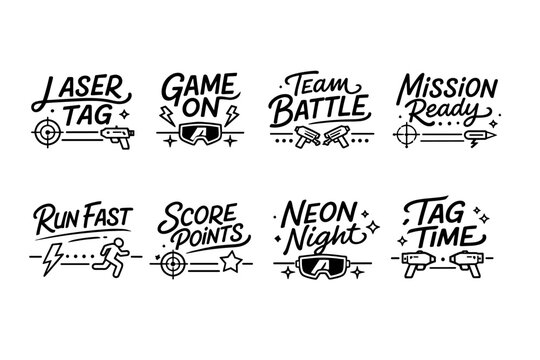 Laser tag icons: game on, team battle, mission, neon night, tag time
