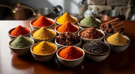Vibrant Spice Collection on Dark Wooden Table