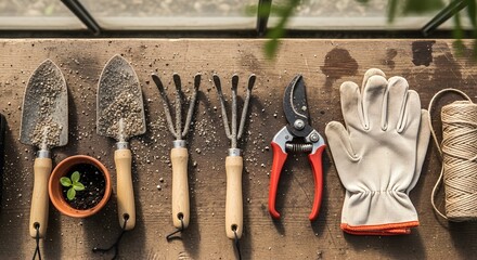 Gardening Tools on Wooden Table