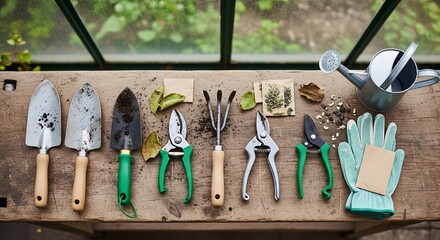 Gardening Tools on Wooden Table