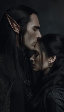 Un retrato en perfil de dos elfos, unidos en un momento de &iacute;ntima conexi&oacute;n.