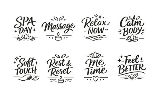 Relaxing wellness phrases: spa day, massage, relax now, calm body, soft touch, rest and reset, me time, feel better