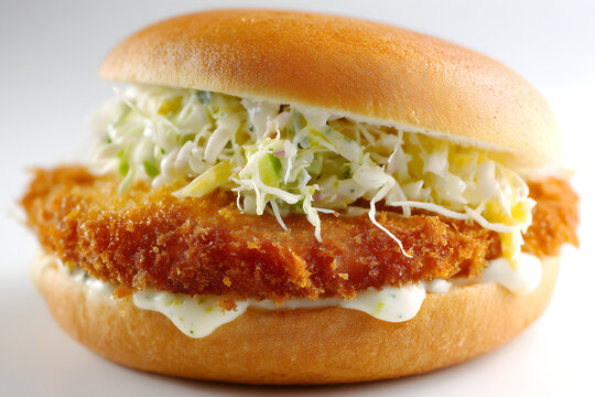 Thick Breaded Ebi Katsu Burger Isolated on White Background with Fresh Slaw and Creamy Sauce