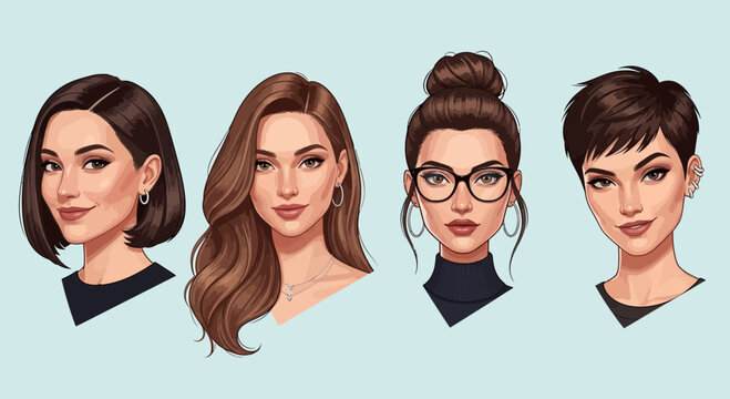 Diverse Women Hairstyles Portraits: Bob, Long Wavy, Updo with Glasses, Pixie Cut