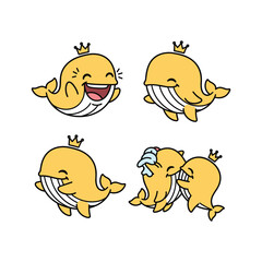 Cartoon whales with crown expressing different emotions on white background