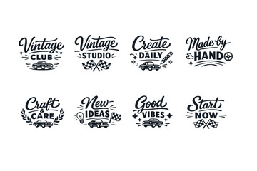 Fototapeta premium Retro-themed logos featuring vintage cars and motivational phrases