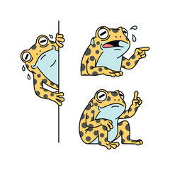 Cartoon frogs showing emotions and gestures in a humorous illustration style