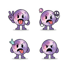 Cartoon planet character showing different emotions and gestures with copy space