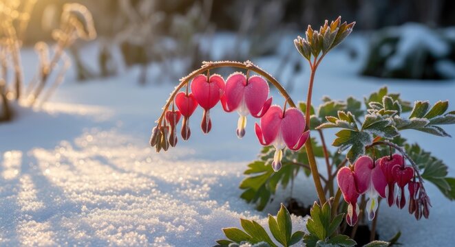 pink bleeding heart flowers in snow