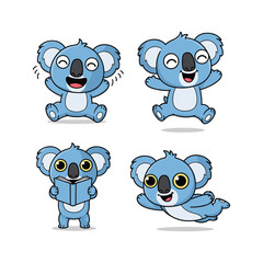 Cartoon koalas showing different emotions and actions on white background