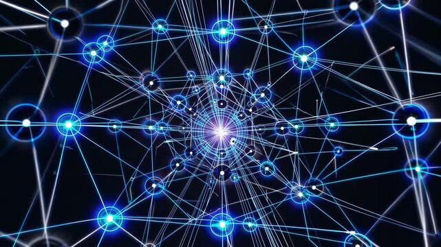 Dynamic network of glowing blue nodes and lines in a digital web pattern. Top-down angle, perfect for a futuristic tech video concept. Live desktop wallpaper.