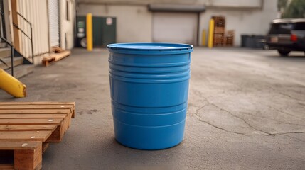 A bright blue plastic barrel stands on a weathered concrete loading dock in an industrial area